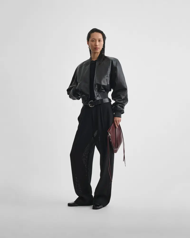 Glossy Black Plonge Leather Bomber Jacket