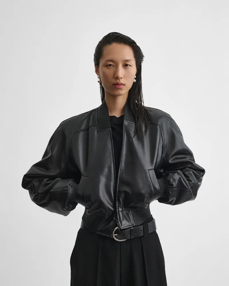 Glossy Black Plonge Leather Bomber Jacket