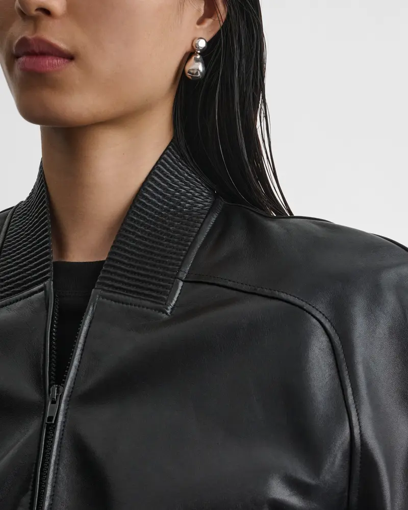 Glossy Black Plonge Leather Bomber Jacket