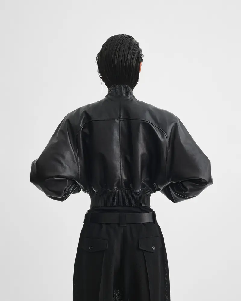 Glossy Black Plonge Leather Bomber Jacket