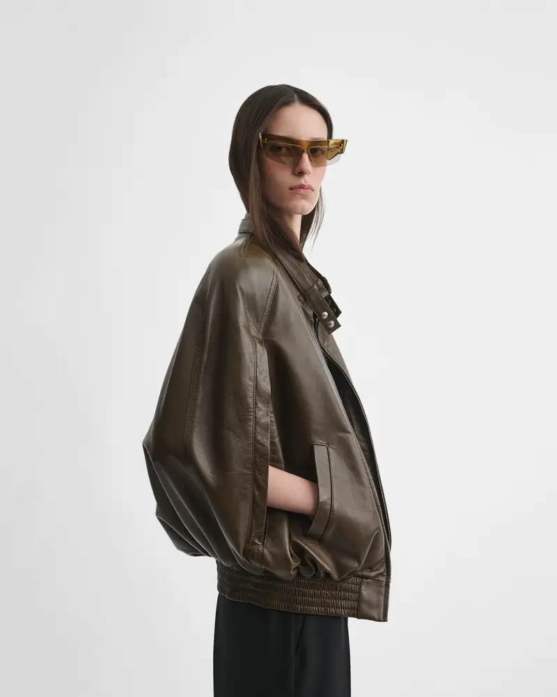 Green Bronze Leather Cape Bomber Jacket