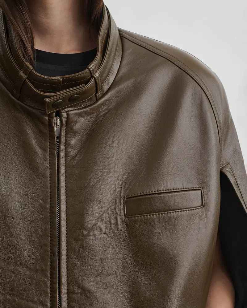 Green Bronze Leather Cape Bomber Jacket
