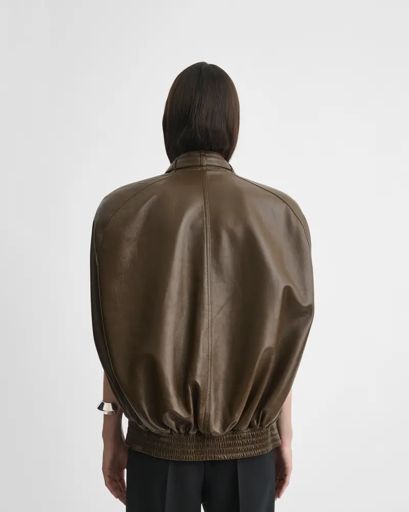Green Bronze Leather Cape Bomber Jacket