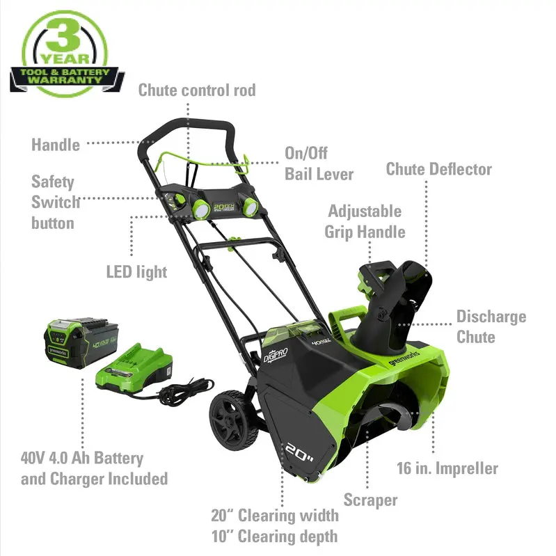 Greenworks 40V Cordless Brushless Snow Blower – 20-Inch, 4.0Ah Battery, LED Lights, 180° Chute Rotation