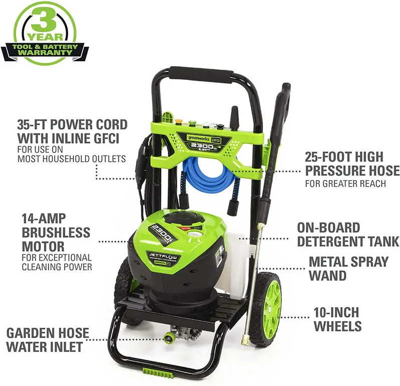 Greenworks GPW2300 Electric Pressure Washer – 2300 PSI Brushless Motor System with 2.3 GPM Flow Rate