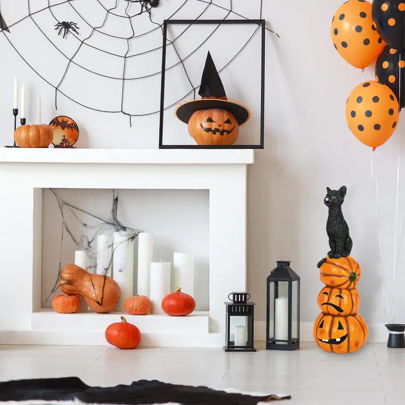 Halloween Black Cat and Pumpkin Decor Collection – Themed Figurines and Stylish Accents