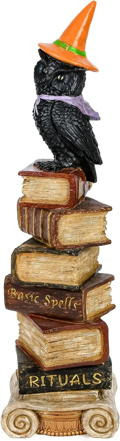 Halloween Owl Statue Perched on Stack of Books – Decorative Figurine