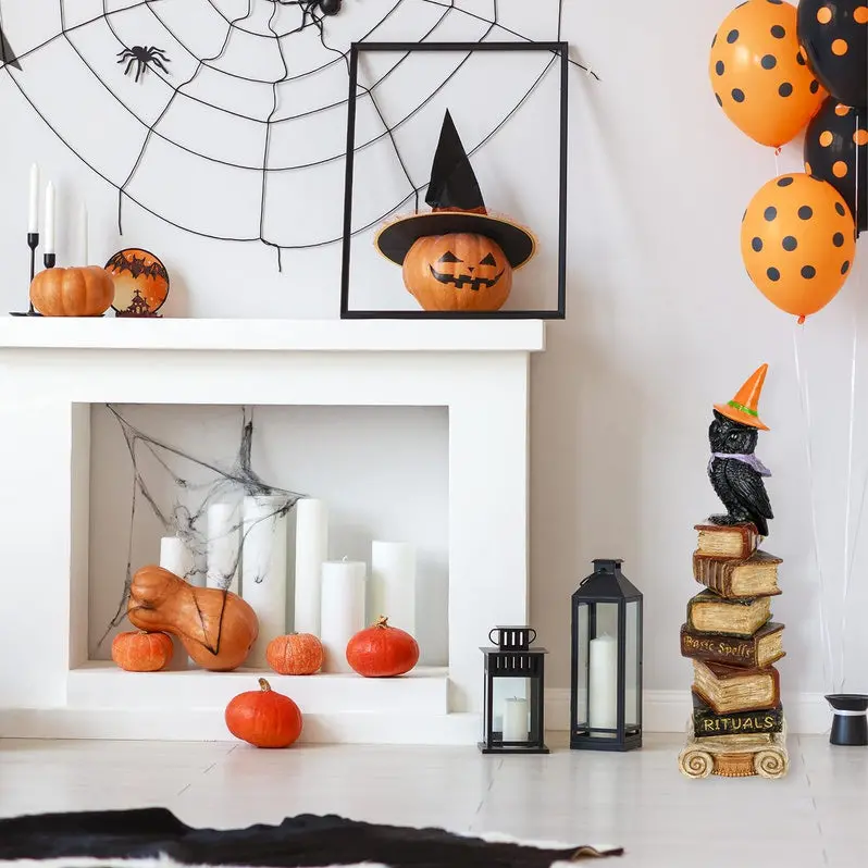 Halloween Owl Statue Perched on Stack of Books – Decorative Figurine
