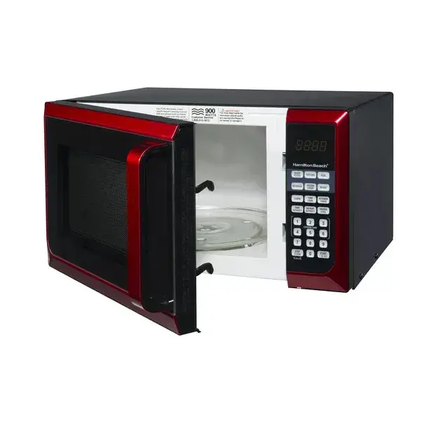 Hamilton Beach Stainless Steel Microwave Oven – 0.9 Cubic Foot Capacity, 900-Watt Output, Red Accents, and LED Display