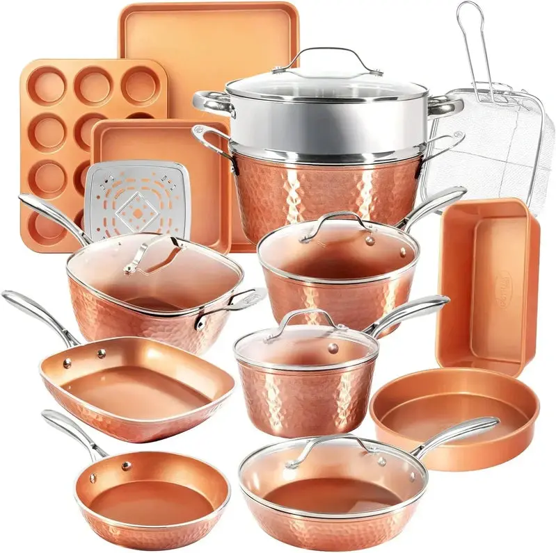 Hammered Copper 20-Piece Ceramic Cookware Set – PFOA- and PFOS-Free Nonstick, Oven- & Dishwasher-Safe