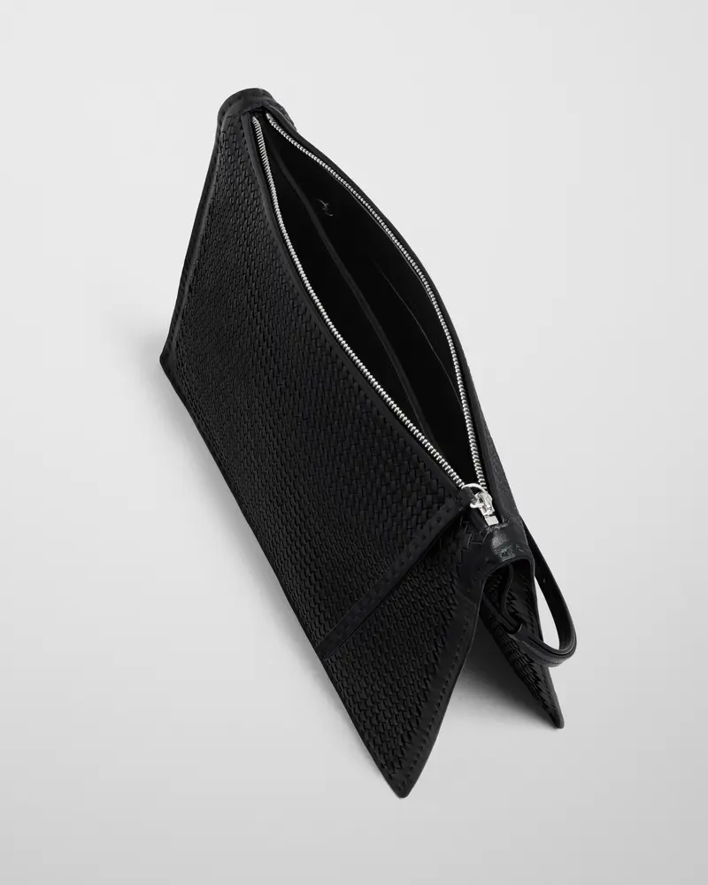 Hand-Stitched Woven Leather Glove Pochette In Black