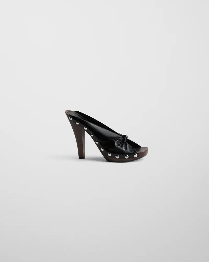 Handcrafted Black Leather Knotted Clog On Birch Wood Sole