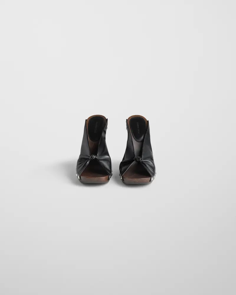Handcrafted Black Leather Knotted Clog On Birch Wood Sole 2
