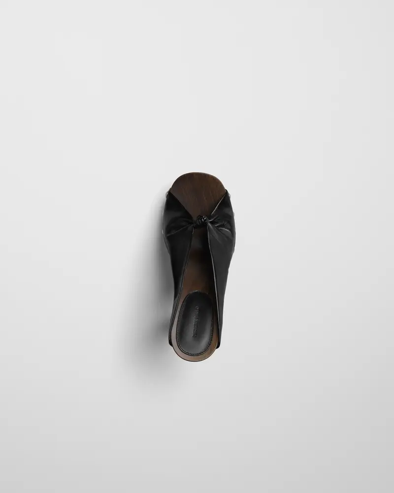 Handcrafted Black Leather Knotted Clog On Birch Wood Sole