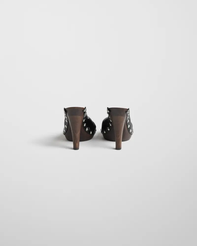 Handcrafted Black Leather Knotted Clog On Birch Wood Sole