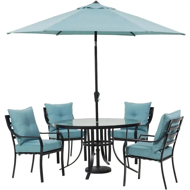 Hanover Lavallette Ocean Blue Dining Set – 5-Piece Round Glass Table Set with Umbrella & Base
