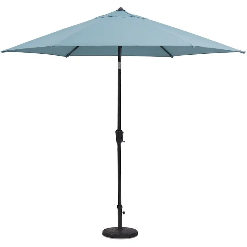 Hanover Lavallette Ocean Blue Dining Set – 5-Piece Round Glass Table Set with Umbrella & Base
