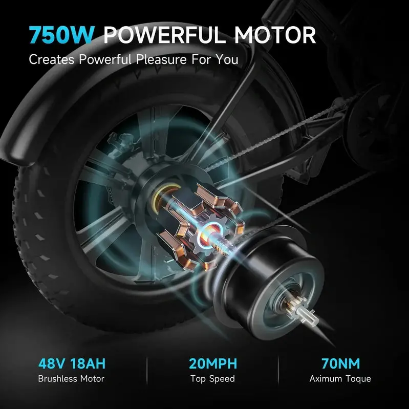 Happyrun 20" Fat-Tire E-Bike – 750W Motor, 48V 18Ah Removable Battery, 20 MPH Max Speed, 68-Mile Range