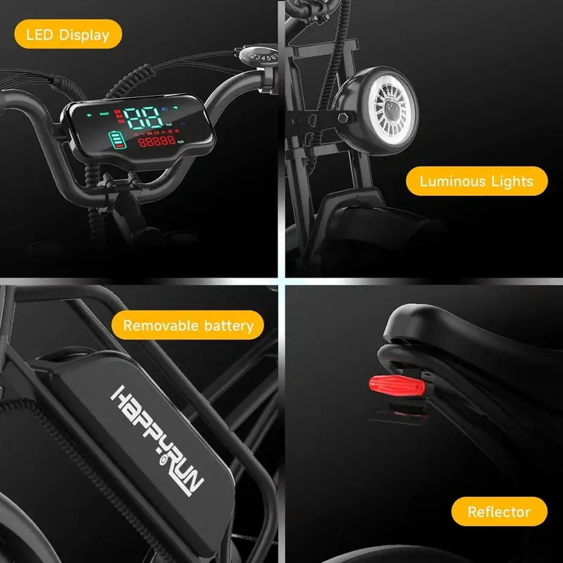 Happyrun 20" Fat-Tire E-Bike – 750W Motor, 48V 18Ah Removable Battery, 20 MPH Max Speed, 68-Mile Range