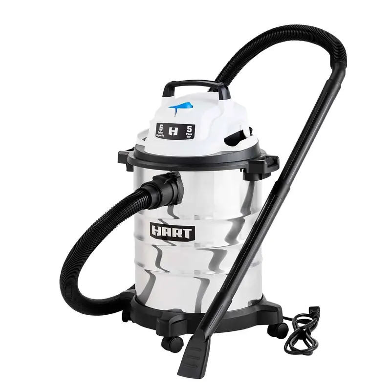 Hart 6-Gallon Stainless Steel Wet/Dry Vacuum – 5 Peak HP with Auto-Accessories Kit