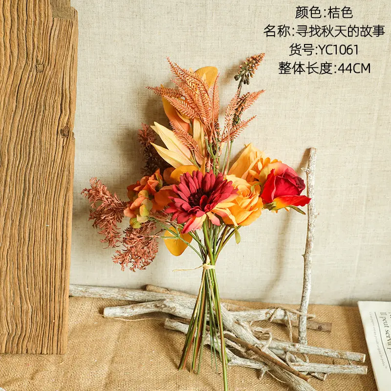 Harvest-Inspired Dried Flower Bouquet – Artisanal Faux Autumn Greens & Warm-Tone Blooms