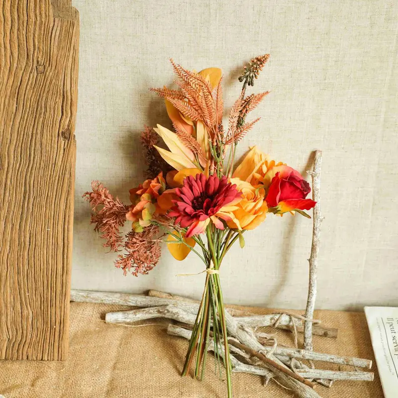 Harvest-Inspired Dried Flower Bouquet – Artisanal Faux Autumn Greens & Warm-Tone Blooms