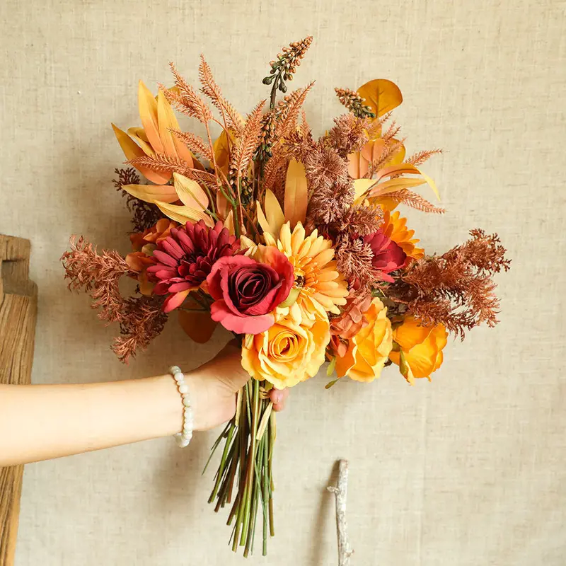 Harvest-Inspired Dried Flower Bouquet – Artisanal Faux Autumn Greens & Warm-Tone Blooms