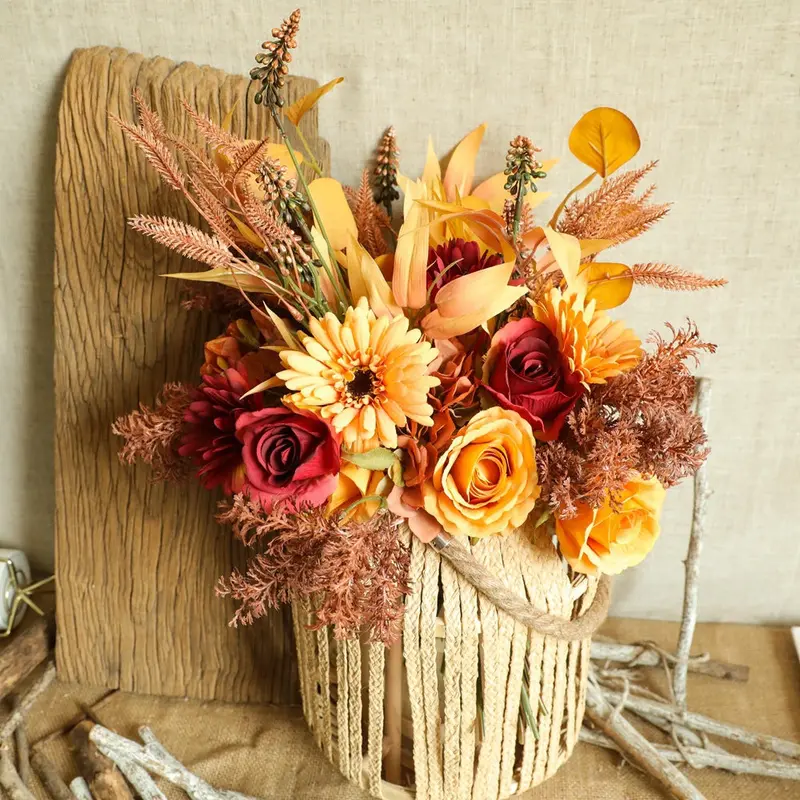 Harvest-Inspired Dried Flower Bouquet – Artisanal Faux Autumn Greens & Warm-Tone Blooms