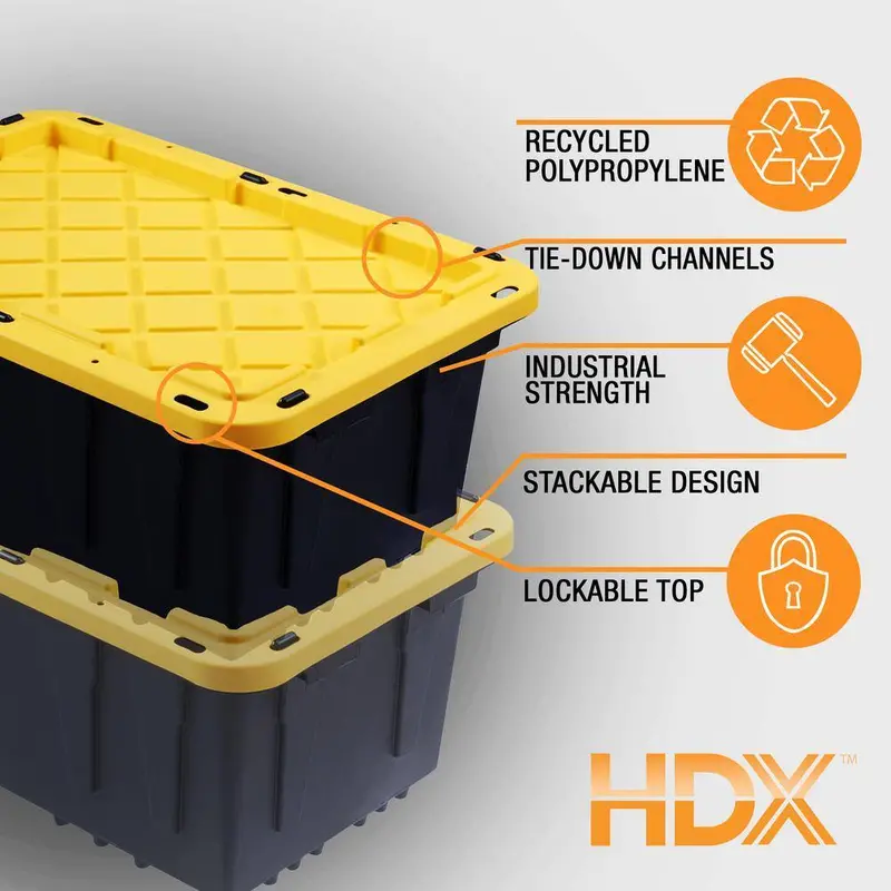 HDX 27-Gallon Waterproof Stackable Storage Tote – Black Body & Yellow Lid, 5-Pack Value Set