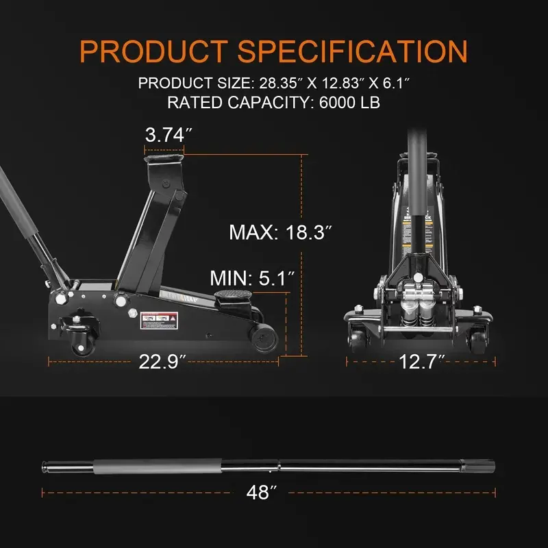 Heavy-Duty 3-Ton Steel Floor Jack – Black Quick-Lift Design with Dual-Stage Pump System