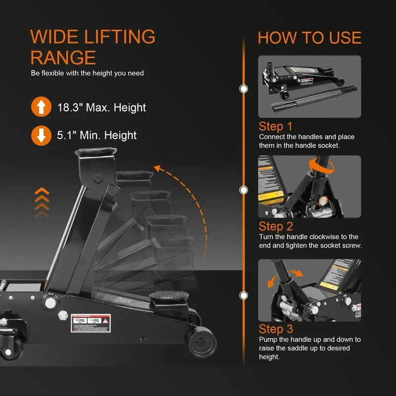 Heavy-Duty 3-Ton Steel Floor Jack – Black Quick-Lift Design with Dual-Stage Pump System