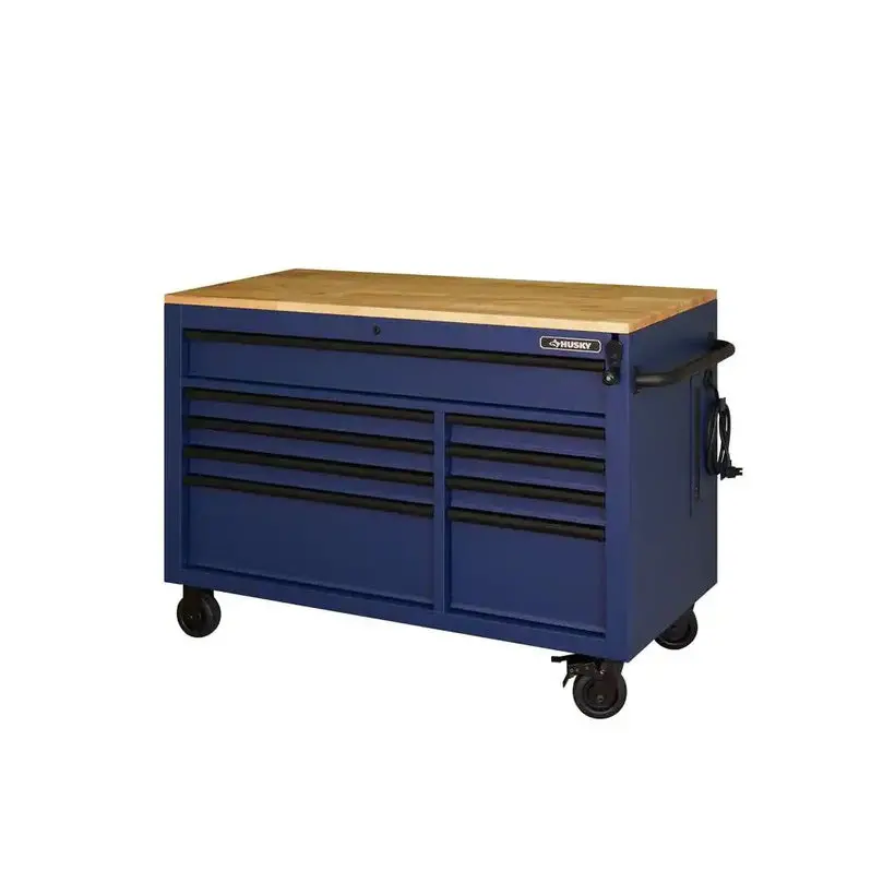 Heavy-Duty 52-Inch 9-Drawer Mobile Workbench with Matte Blue Solid Wood Top and Adjustable Height