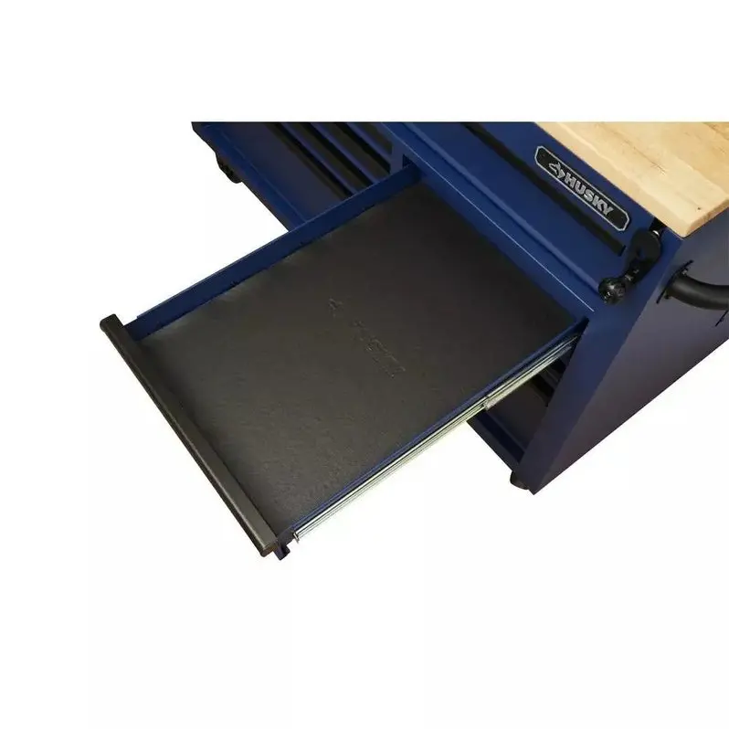 Heavy-Duty 52-Inch 9-Drawer Mobile Workbench with Matte Blue Solid Wood Top and Adjustable Height