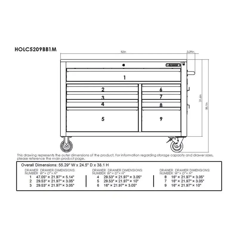 Heavy-Duty 52-Inch 9-Drawer Mobile Workbench with Matte Blue Solid Wood Top and Adjustable Height