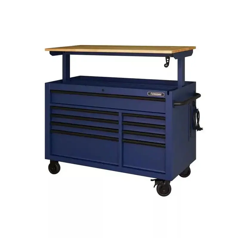 Heavy-Duty 52-Inch 9-Drawer Mobile Workbench with Matte Blue Solid Wood Top and Adjustable Height