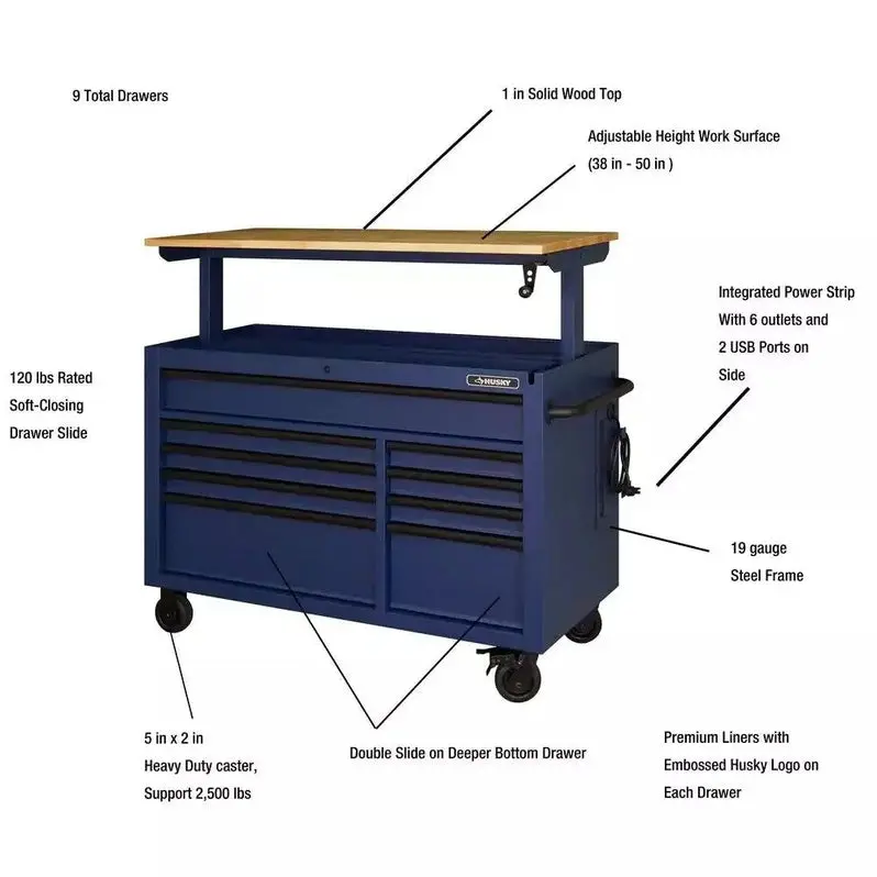 Heavy-Duty 52-Inch 9-Drawer Mobile Workbench with Matte Blue Solid Wood Top and Adjustable Height