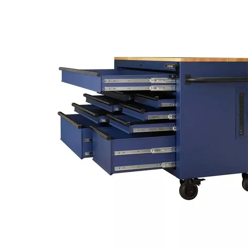 Heavy-Duty 52-Inch 9-Drawer Mobile Workbench with Matte Blue Solid Wood Top and Adjustable Height