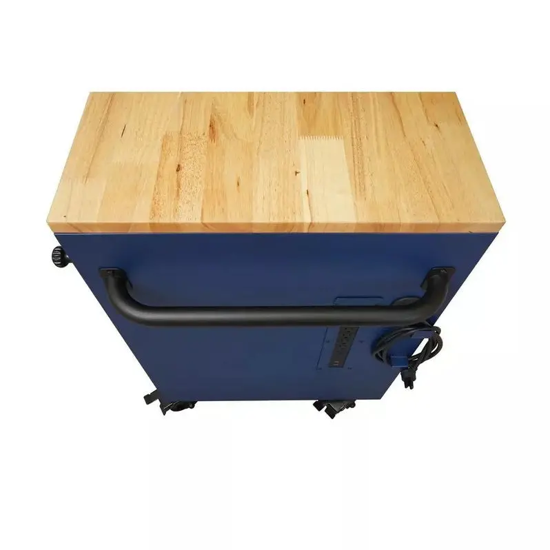 Heavy-Duty 52-Inch 9-Drawer Mobile Workbench with Matte Blue Solid Wood Top and Adjustable Height