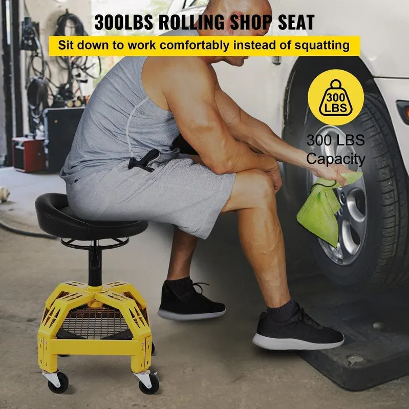 Heavy-Duty Adjustable Rolling Garage Stool with 360° Swivel Casters and Ergonomic Height Adjustment