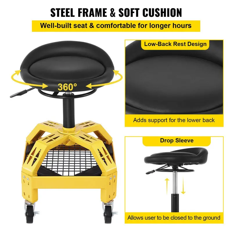 Heavy-Duty Adjustable Rolling Garage Stool with 360° Swivel Casters and Ergonomic Height Adjustment