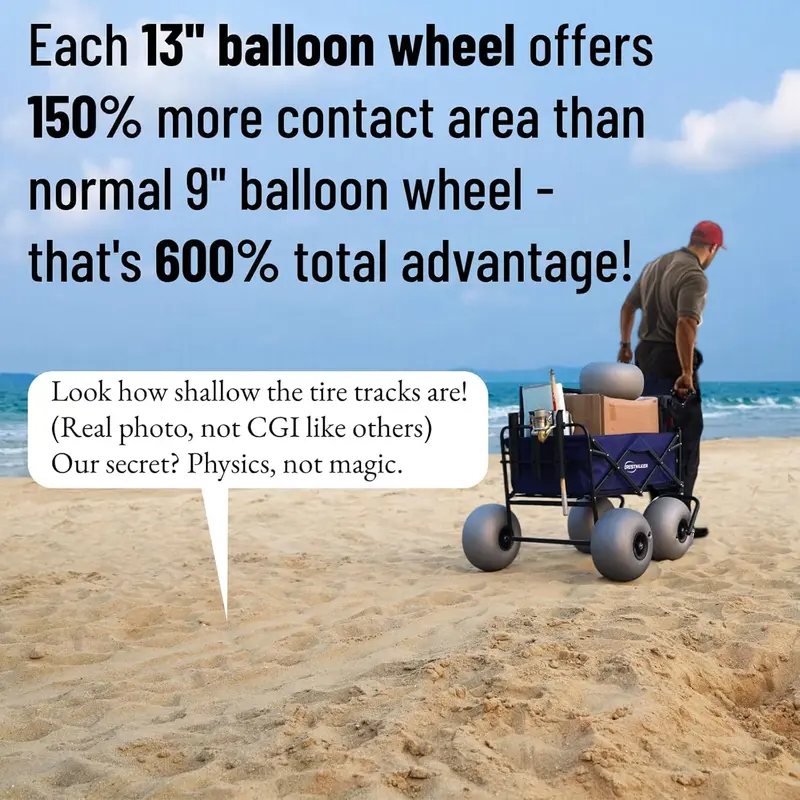Heavy-Duty Beach Cart — 13" Balloon Tires, Chair Mounts, and Integrated Air Pump