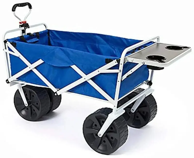 Heavy-Duty Collapsible Beach Wagon — All-Terrain Foldable Cart with Side Table & Large Wheels (Blue/White)