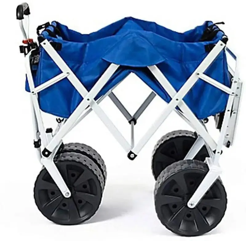 Heavy-Duty Collapsible Beach Wagon — All-Terrain Foldable Cart with Side Table & Large Wheels (Blue/White) 2