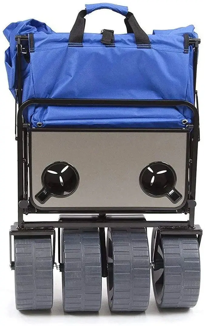 Heavy-Duty Collapsible Beach Wagon — All-Terrain Foldable Cart with Side Table & Large Wheels (Blue/White)