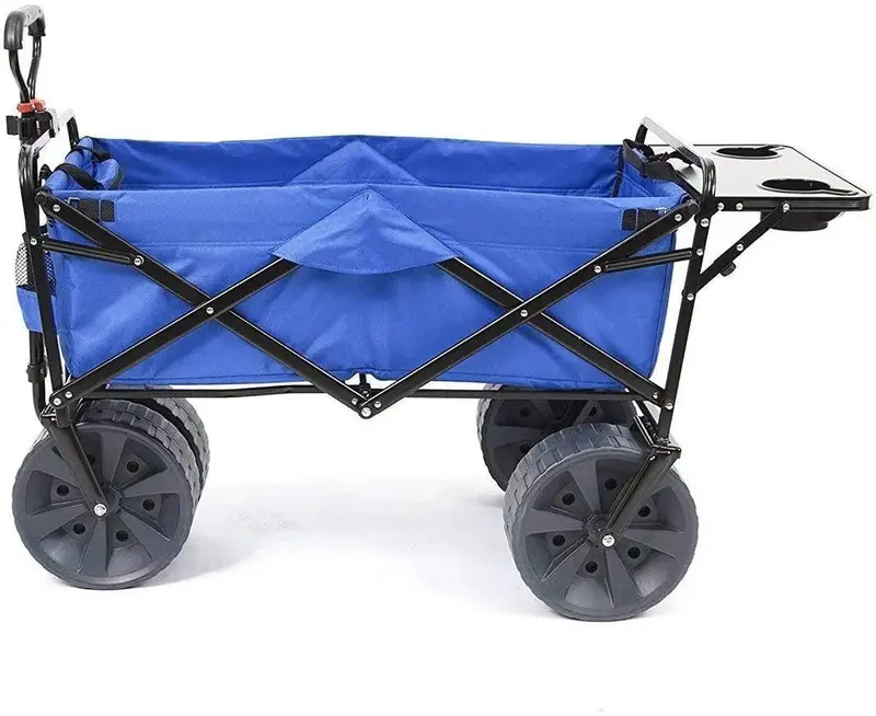 Heavy-Duty Collapsible Beach Wagon — All-Terrain Foldable Cart with Side Table & Large Wheels (Blue/White)