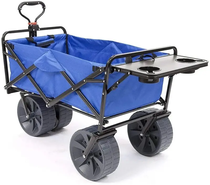 Heavy-Duty Collapsible Beach Wagon — All-Terrain Foldable Cart with Side Table & Large Wheels (Blue/White)