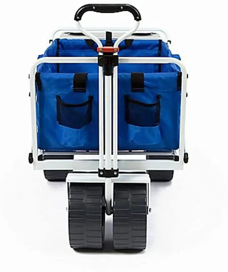 Heavy-Duty Collapsible Beach Wagon — All-Terrain Foldable Cart with Side Table & Large Wheels (Blue/White)