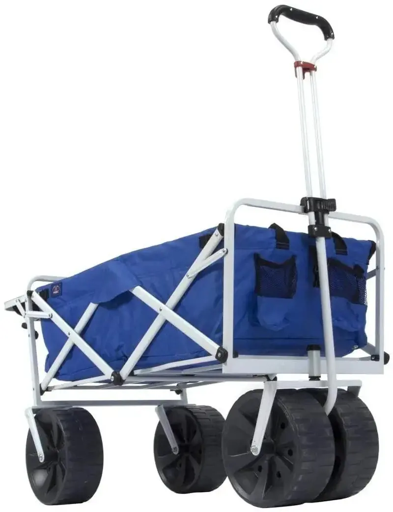 Heavy-Duty Collapsible Beach Wagon — All-Terrain Foldable Cart with Side Table & Large Wheels (Blue/White)
