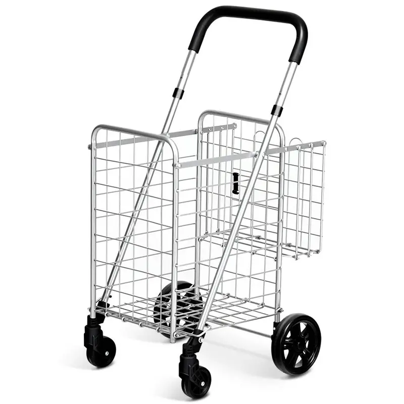 Heavy-Duty Dual-Basket Folding Shopping Cart – All-Terrain Wheels with 360° Swivel Mobility