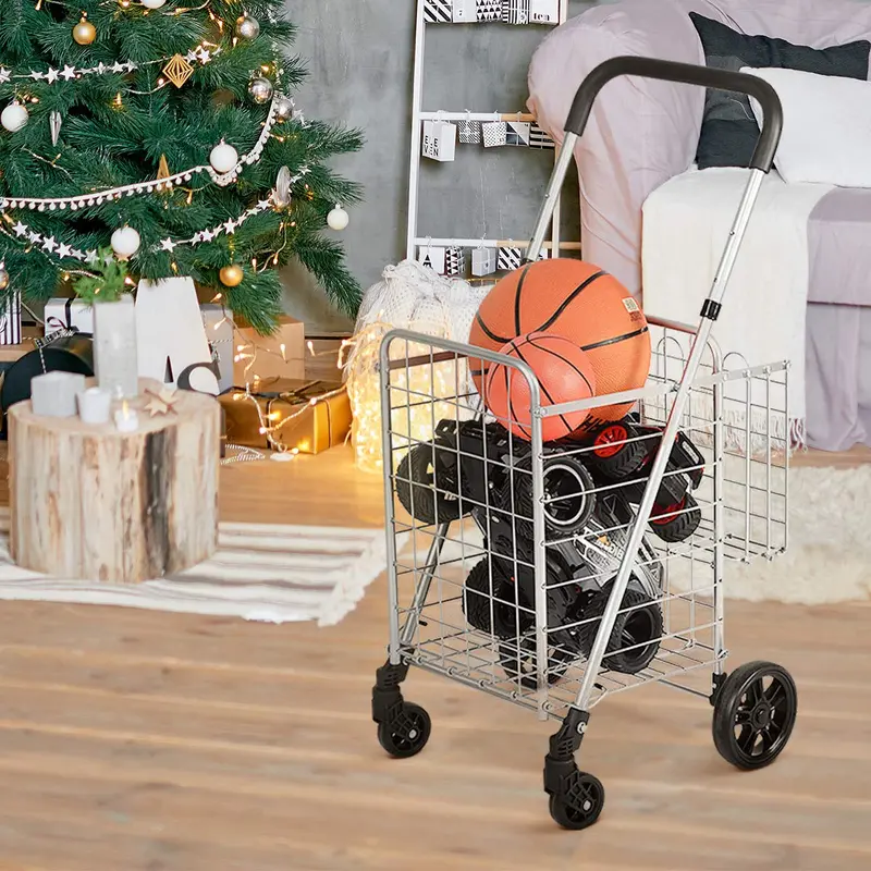 Heavy-Duty Dual-Basket Folding Shopping Cart – All-Terrain Wheels with 360° Swivel Mobility 2